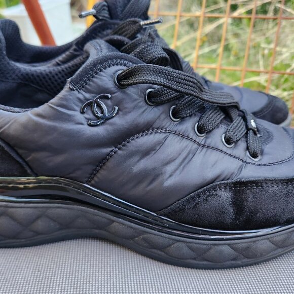 Chanel 21S G38035 black leather &nylon sneakers 24.5sm insole (See Notes) - Picture 1 of 15